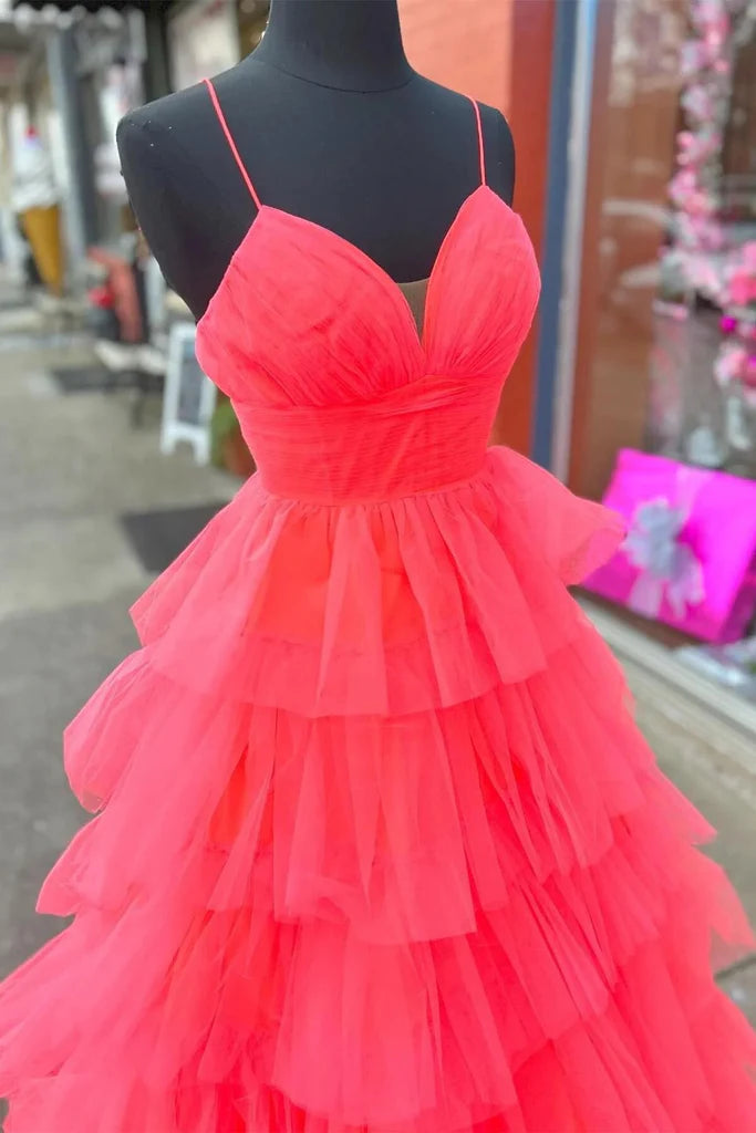 A-line Layers Plunging V Neck Long Prom Dress