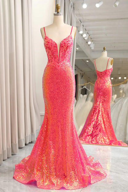 Fuchsia Plunge V Sequins Mermaid Spaghetti Straps Floor-Length Prom Dress
