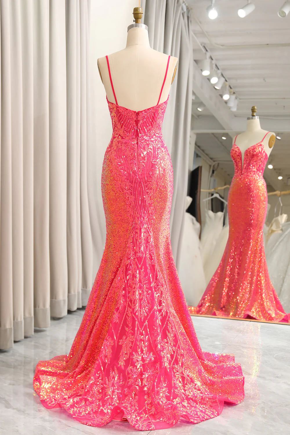 Fuchsia Plunge V Sequins Mermaid Spaghetti Straps Floor-Length Prom Dress