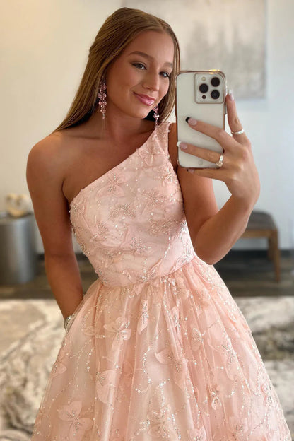 Light Pink One Shoulder Back Spaghetti Strap Appliques Prom Dress with Pockets