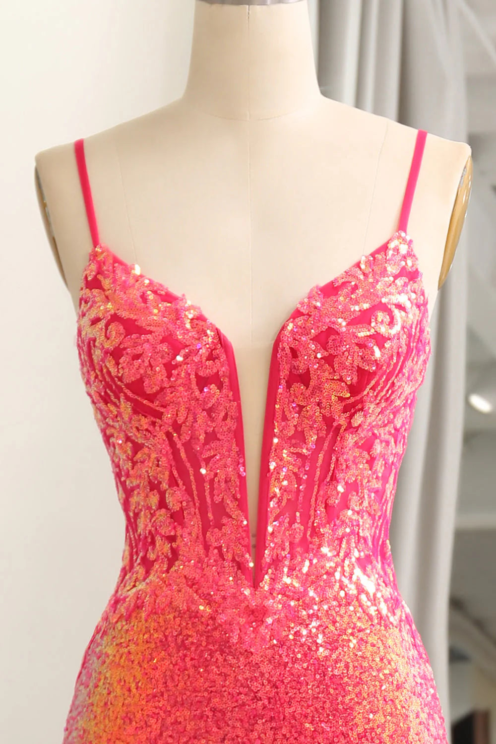 Fuchsia Plunge V Sequins Mermaid Spaghetti Straps Floor-Length Prom Dress
