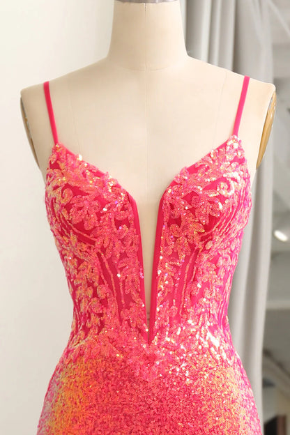 Fuchsia Plunge V Sequins Mermaid Spaghetti Straps Floor-Length Prom Dress