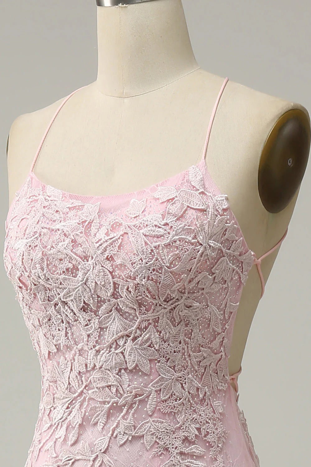 Mermaid Spaghetti Straps Light Pink Tulle Slim-fit Long Prom Dress with Appliques
