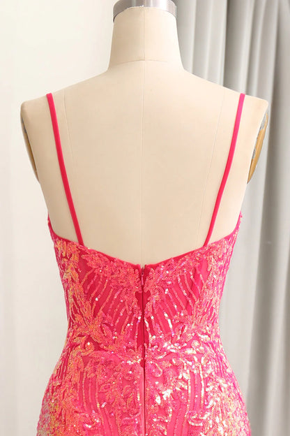 Fuchsia Plunge V Sequins Mermaid Spaghetti Straps Floor-Length Prom Dress