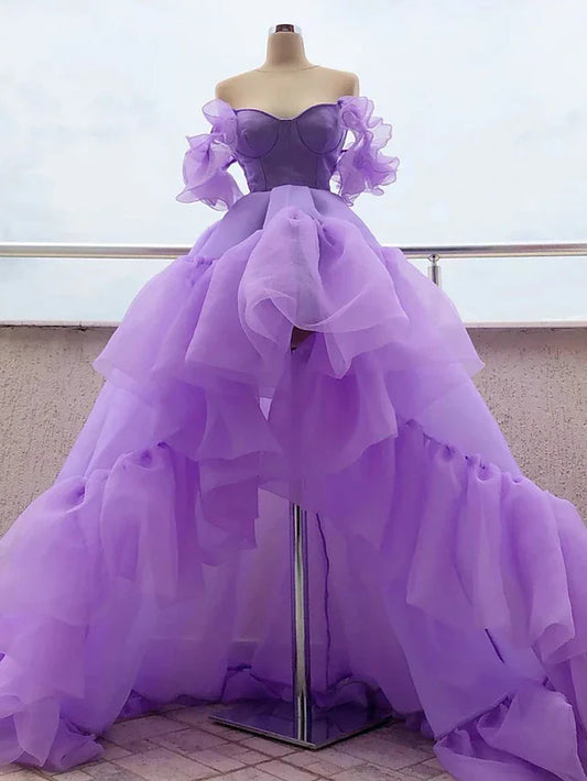 A-Line Prom Dresses High Low Dress Quinceanera Asymmetrical Purple Short Sleeve Off Shoulder Tulle with Tier