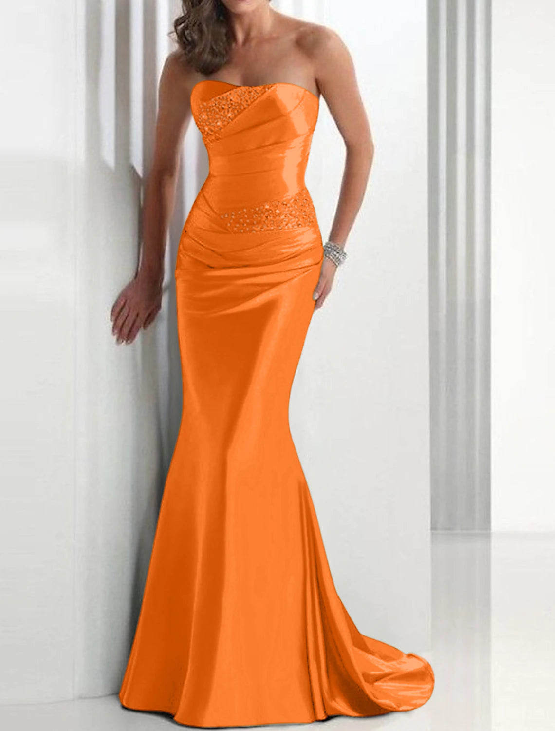 Sheath Mermaid Formal Evening Dress Strapless Wedding Guest Sleeveless Brush Train Satin Prom Dress with Crystals