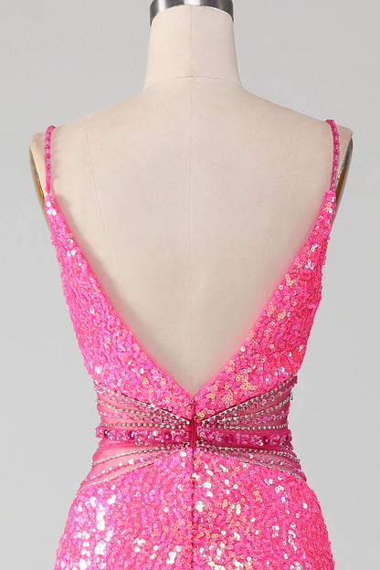 Hot Pink Spaghetti Straps Glitter Mermaid Slim-fit Prom Dress with Beading Waist