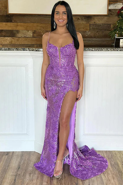 Mermaid Spaghetti Straps Appliques  Prom Dress with Slit