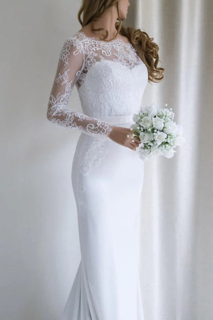 Elegant Lace Long Sleeves Mermaid White Long Wedding Dress with Train