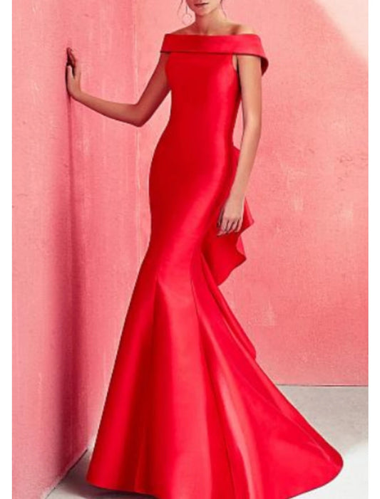 Sheath Mermaid Red Formal Evening Dress Short Sleeve Floor Length Off the Shoulder Party Dress with Ruffles Draping