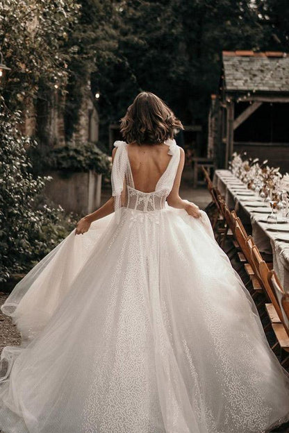 A-Line Sleeveless Sweep Train Wedding Dress With Sequins