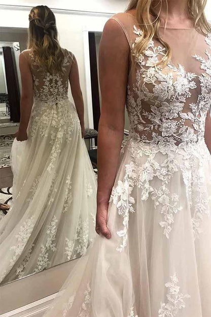 Lace Wedding Dresses See Through Applique with Court Train