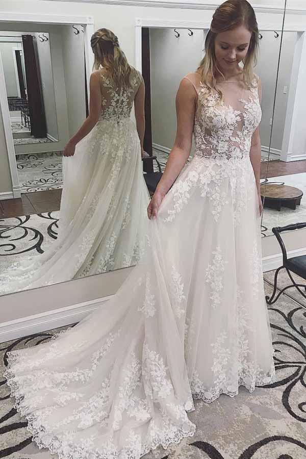 Lace Wedding Dresses See Through Applique with Court Train