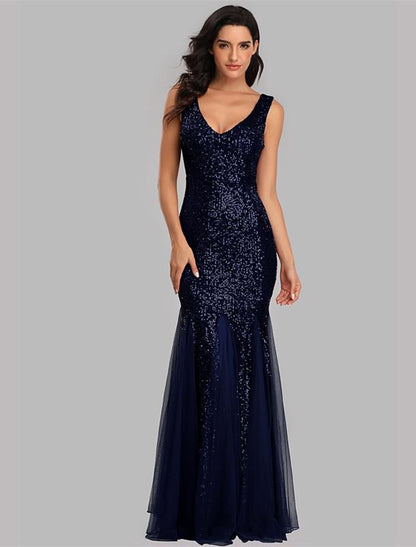 Sheath Mermaid Sleek Glitter Sparking Sequins Evening Dress Sleeveless Wedding Guest Gown  Floor Length  V Neck Prom Dress