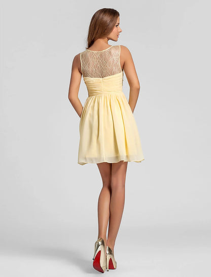 A-Line V Neck Short / Mini Chiffon Bridesmaid Dress with Lace / Criss Cross / Ruched / See Through