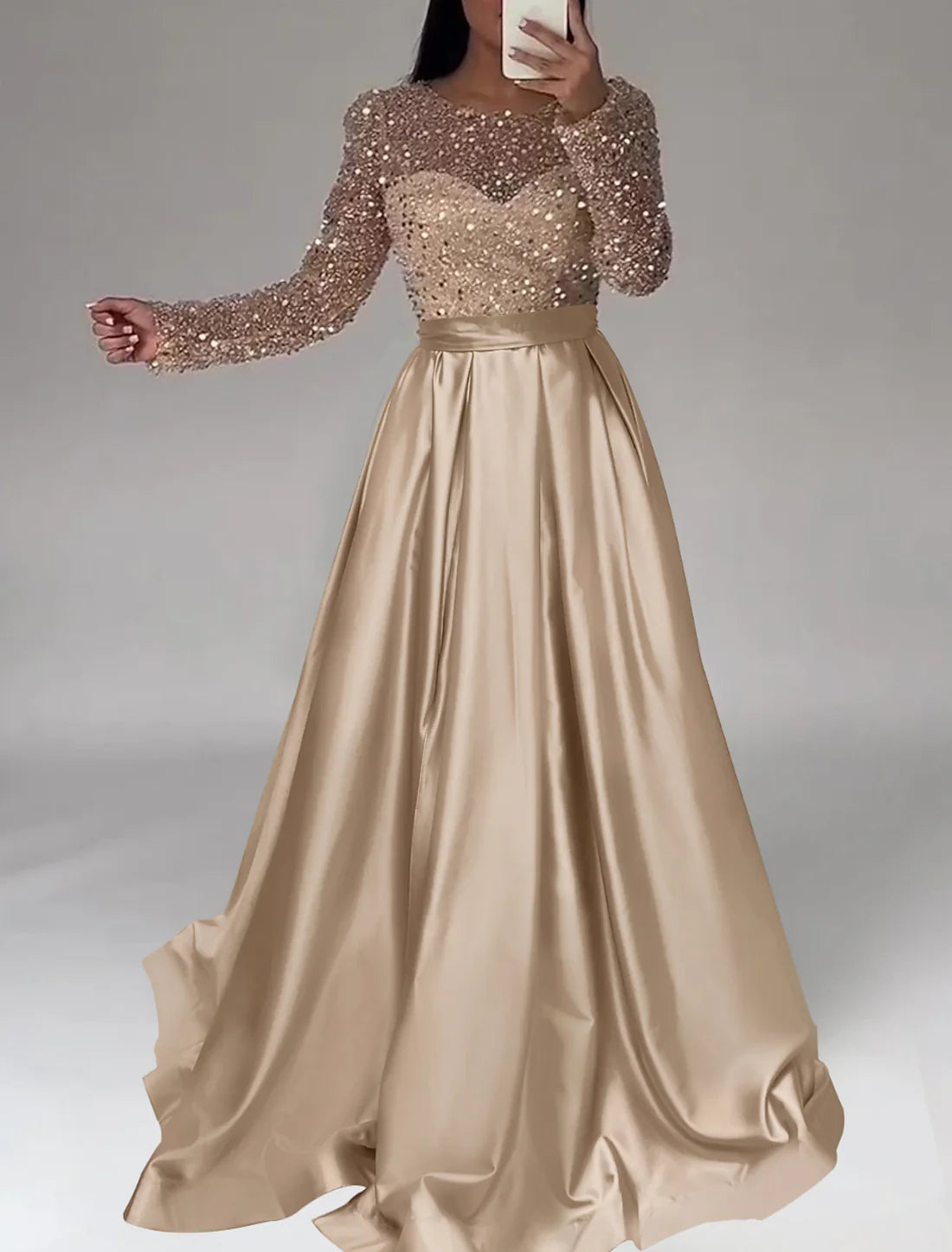 Glitter Sparking Evening Gown Floor Length Long Sleeve Jewel Neck Satin with Sequins