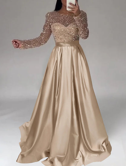 Glitter Sparking Evening Gown Floor Length Long Sleeve Jewel Neck Satin with Sequins