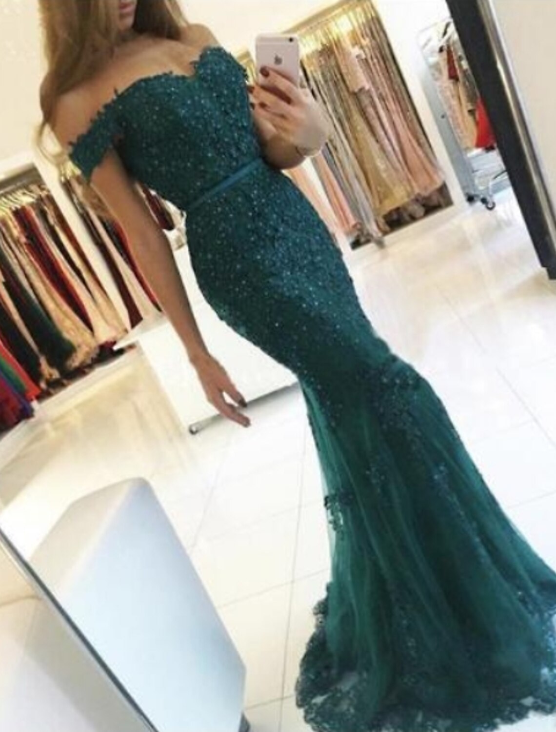 Sheath Mermaid Glitter Sparking Sequins Off the Shoulder Prom Formal Evening Dress Short Sleeve Sweep Train Prom Dress with Appliques