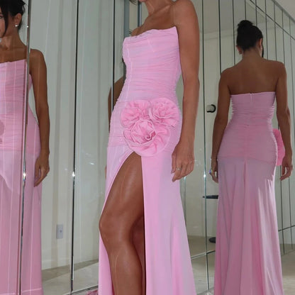 My Hers Ladies Formal Dress Elegant Strapless Scoop Neck Pleated Flower With Slit Exquisite Prom Dress