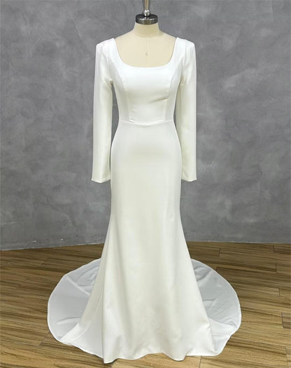 New Pattern Wedding Dress Long Sleeves Mermaid Satin Square Neck Trailing Elegant Simple Formal Women's Dresses