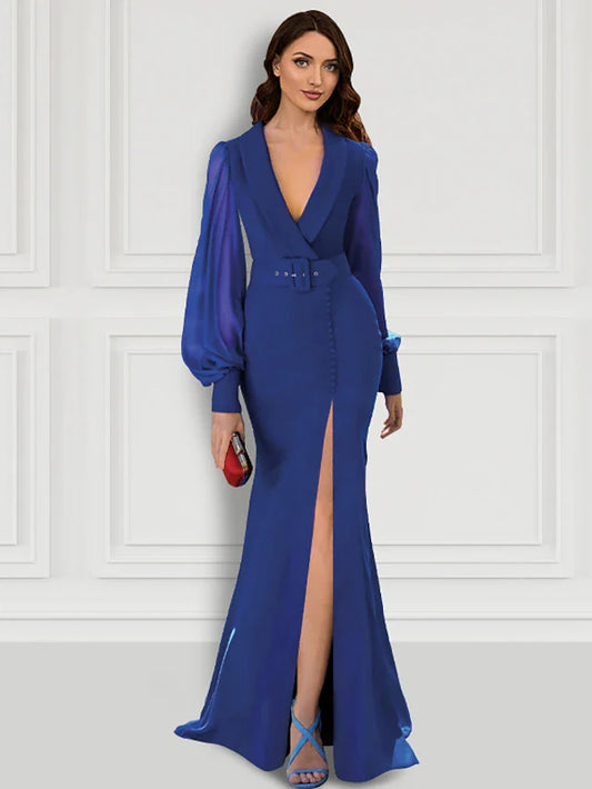 Mermaid / Trumpet Evening Gown Elegant Dress Formal Sweep / Brush Train Long Sleeve V Neck Belt / Sash Stretch Fabric with Buttons Slit