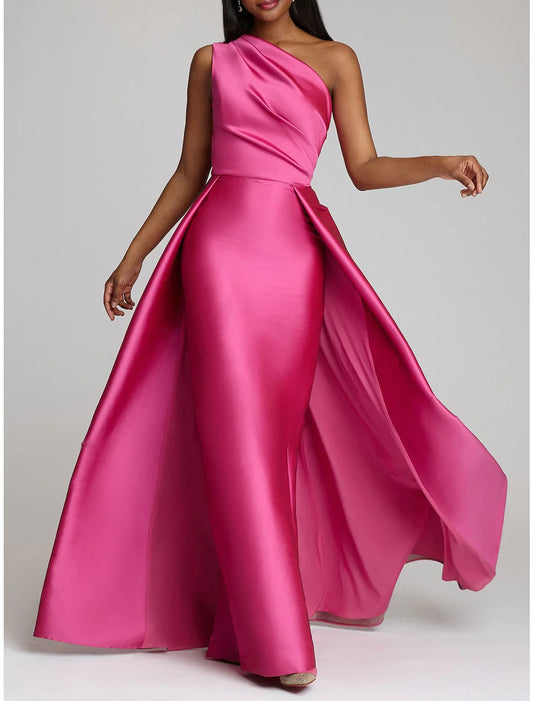 Sheath / Column Evening Gown Luxurious Dress Wedding Guest Floor Length Sleeveless One Shoulder Satin with Overskirt Pure Color