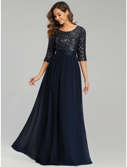 A-Line Elegant Wedding Guest Formal Evening Dress Jewel Neck 3/4 Length Sleeve Floor Length Tulle Sequined with Sequin