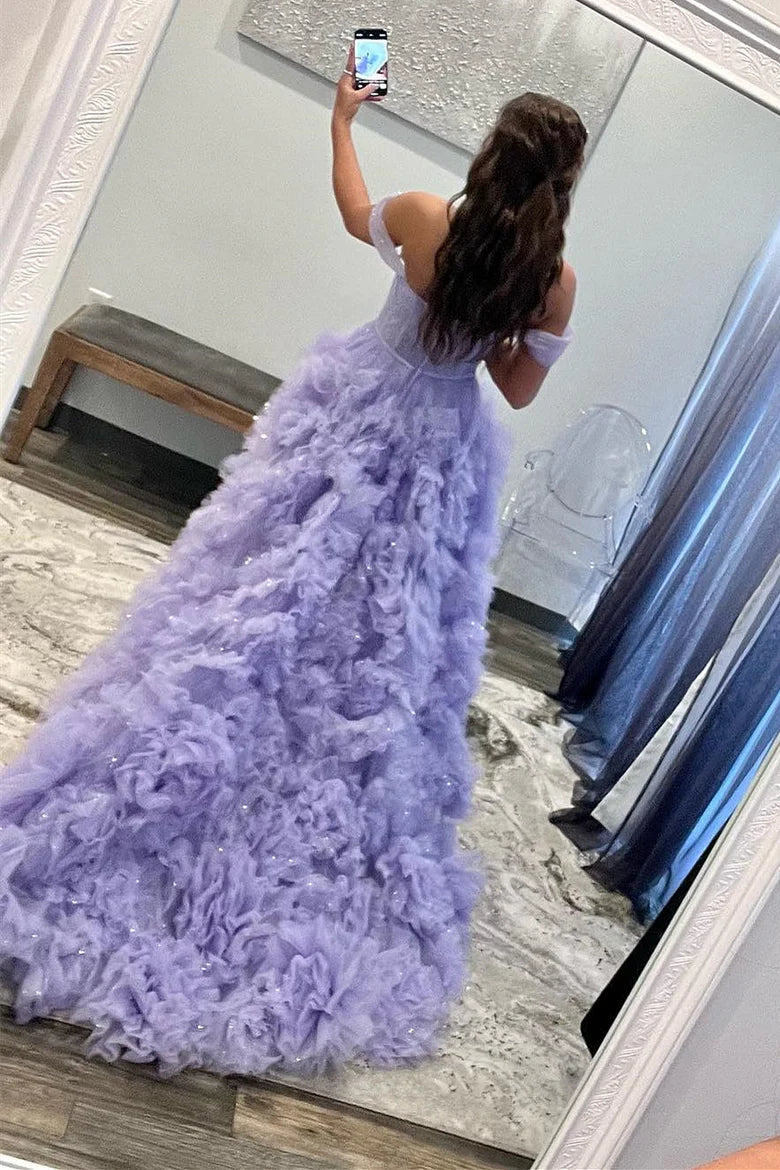 Tulle Off-the-Shoulder Long Prom Dress with Ruffles