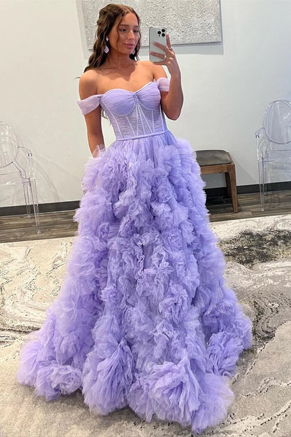 Tulle Off-the-Shoulder Long Prom Dress with Ruffles