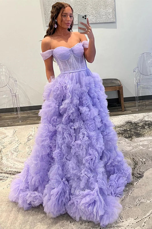 Tulle Off-the-Shoulder Long Prom Dress with Ruffles