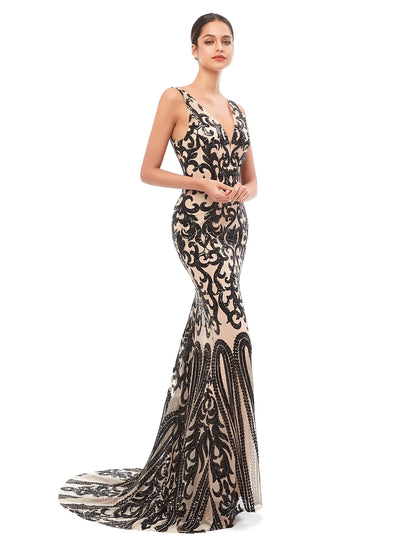 Mermaid / Trumpet Evening Gown Celebrity Style Dress Prom Court Train Sleeveless V Neck Tulle with Sequin