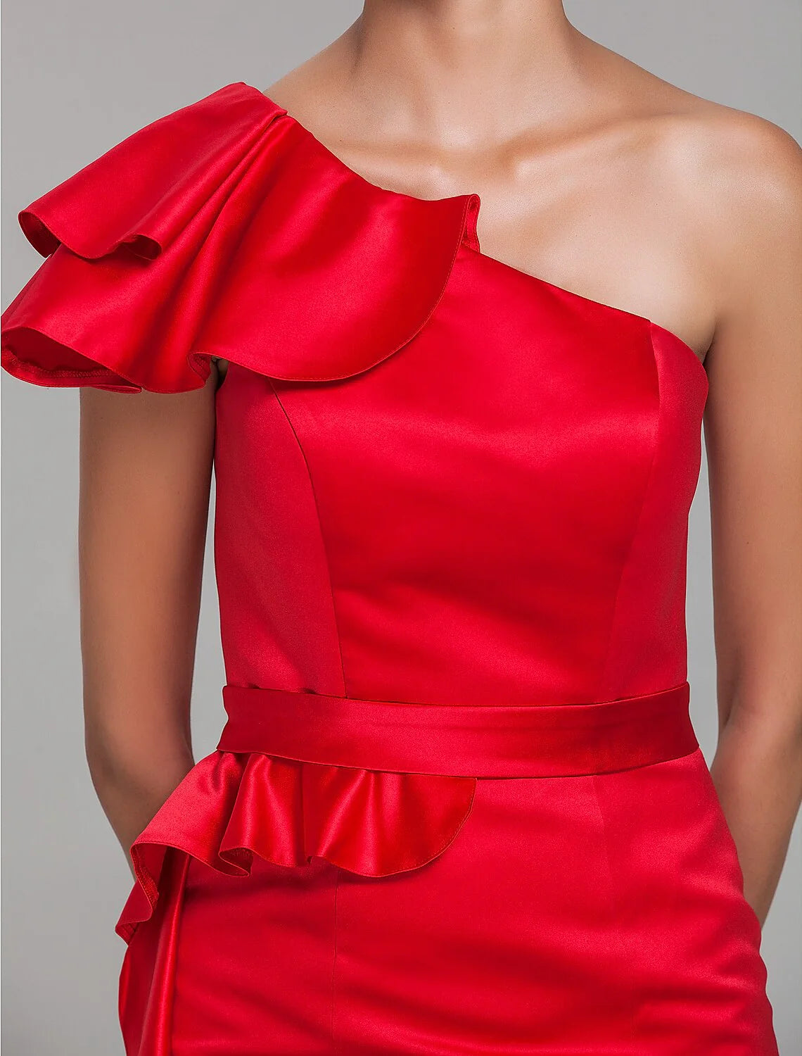 Sheath / Column One Shoulder Short / Mini Satin Bridesmaid Dress with Sash / Ribbon / Ruffles