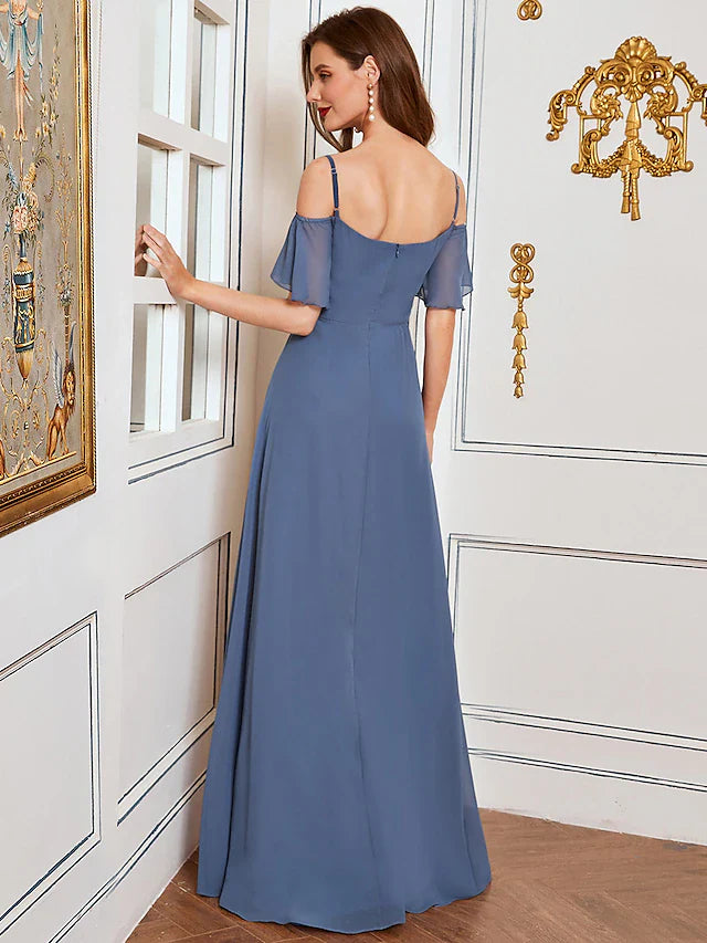 A-Line Bridesmaid Dress Off Shoulder Sleeveless Elegant Floor Length Chiffon with Ruffles / Draping / Solid Color