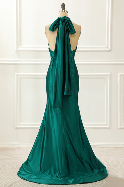 Halter Dark Green Satin Floor-Length Mermaid Prom Dress With Slit
