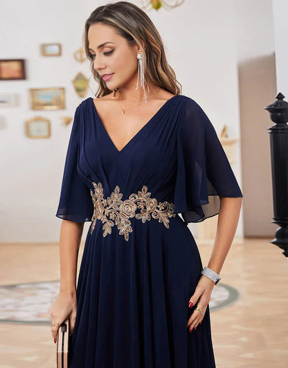 Navy A-line Chiffon V-neck Applique Short Sleeve Mother of Bride Dress