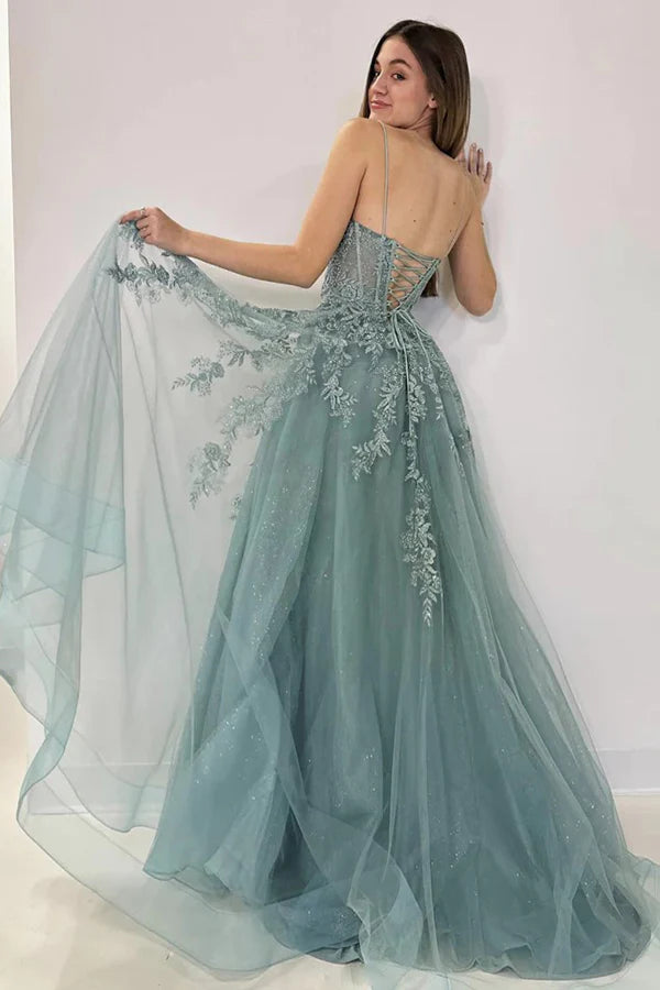 A-Line V Neck Tulle Lace Gray Green Long Prom Dress