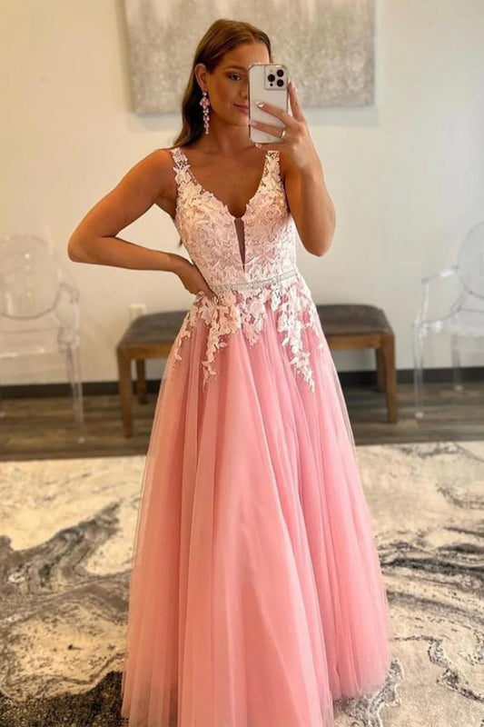 Pink A-Line V-Neck Appliques Tulle Sleeveless Backless Prom Dress