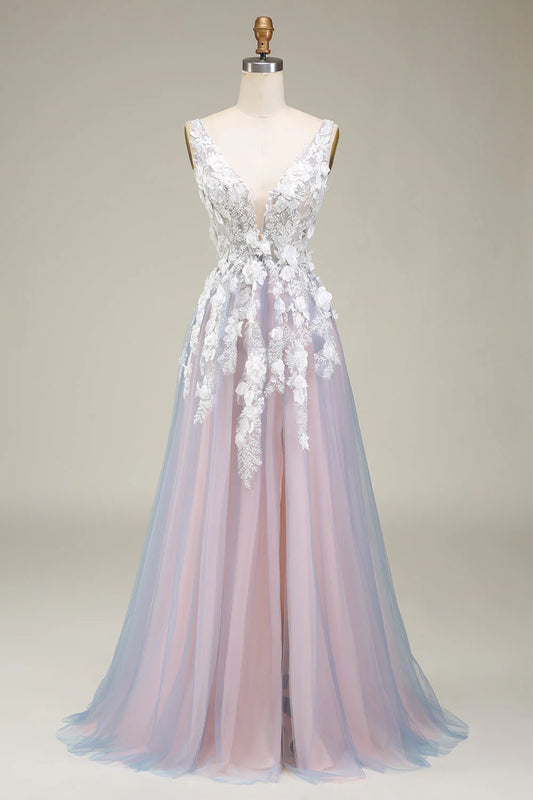 Gorgeous Grey Pink A Line Deep V Neck Long Prom Dress with Appliques