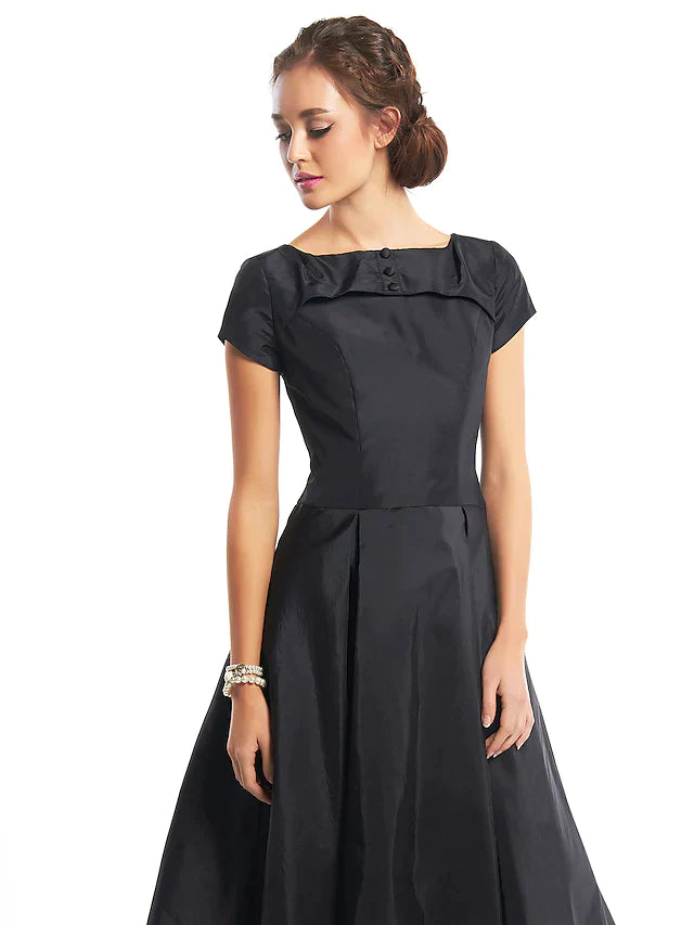 A-Line Vintage Dress Homecoming Tea Length Short Sleeve Boat Neck Taffeta with Buttons