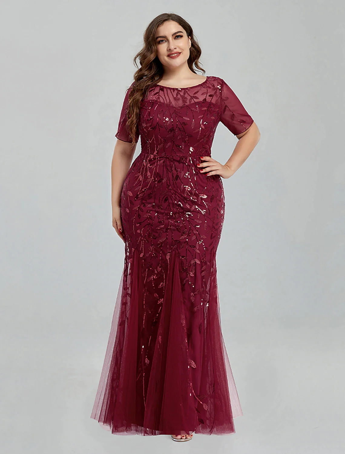 Mermaid / Trumpet Evening Gown Empire Dress Homecoming Floor Length Short Sleeve Jewel Neck Tulle with Embroidery