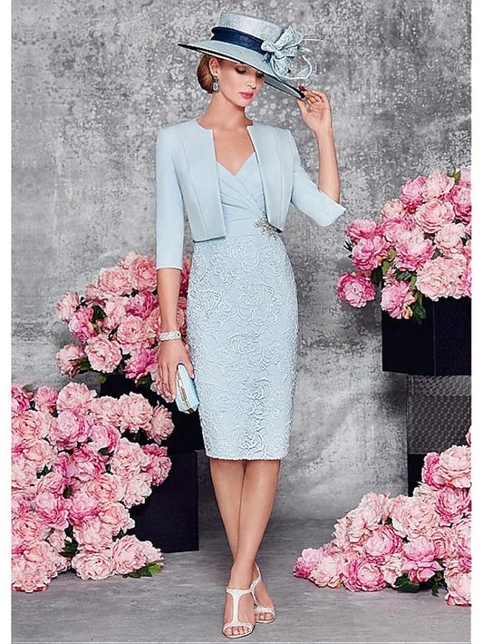 Two Piece Sheath / Column Mother of the Bride Dress Wedding Guest&nbsp; Neck Knee Length Satin Lace Half Sleeve Short Jacket Dresses with Lace Split Front Crystal Brooch