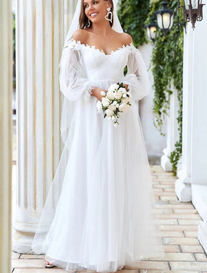 A-Line Off Shoulder Long Sleeve Floor Length Tulle Bridal Gowns With Lace Insert Appliques