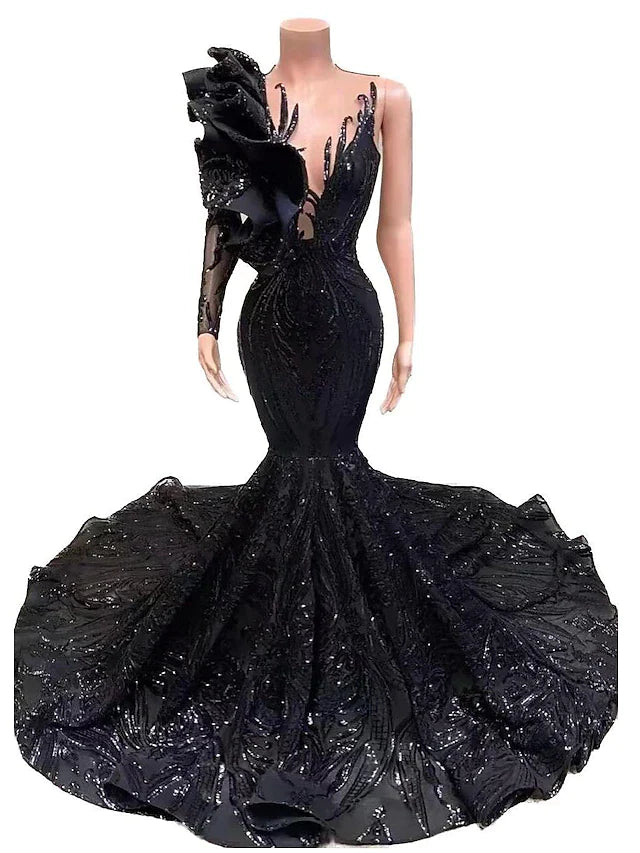 Mermaid / Trumpet Evening Gown Floral Dress Formal Chapel Train Long Sleeve One Shoulder African American Sequined with Sequin