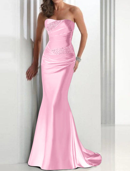 Sheath Mermaid Formal Evening Dress Strapless Wedding Guest Sleeveless Brush Train Satin Prom Dress with Crystals