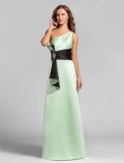 A-Line One Shoulder Floor Length Satin Bridesmaid Dress with Crystal Brooch