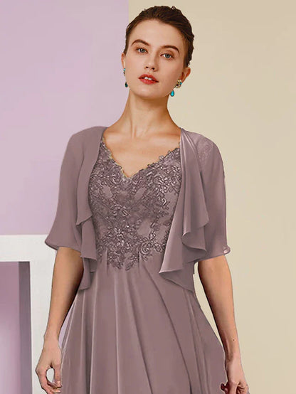 Two Piece A-Line Mother of the Bride Dress Formal Wedding Guest Elegant V Neck Tea Length Lace Short Sleeve Wrap Included with Pleats Appliques