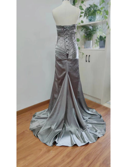 Sheath Mermaid Formal Evening Dress Strapless Wedding Guest Sleeveless Brush Train Satin Prom Dress with Crystals