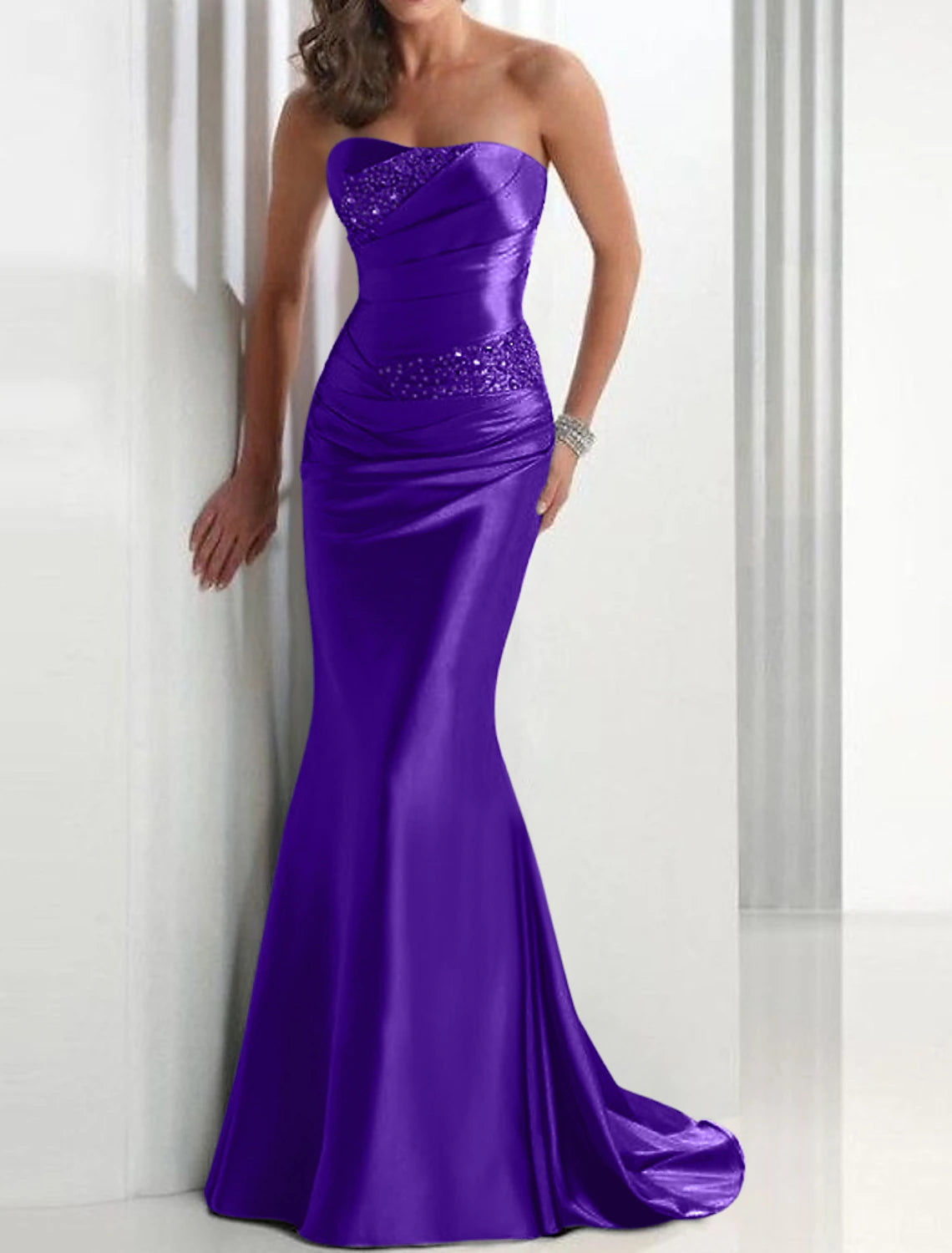 Sheath Mermaid Formal Evening Dress Strapless Wedding Guest Sleeveless Brush Train Satin Prom Dress with Crystals