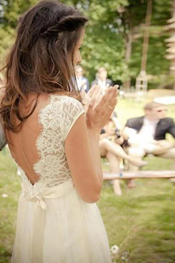 V-neck Cap Sleeves Sweep Train Backless Wedding Dress With Sash