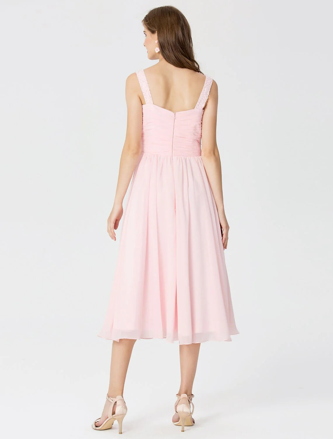 Ball Gown / A-Line V Neck Tea Length Chiffon Bridesmaid Dress with Criss Cross / Beading